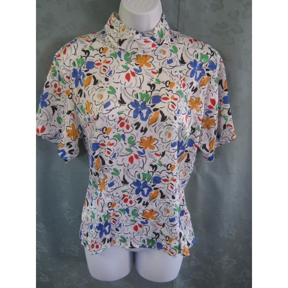 Vintage Bethany Blouse Size Medium Bright Floral Print Jacquard High Neckline